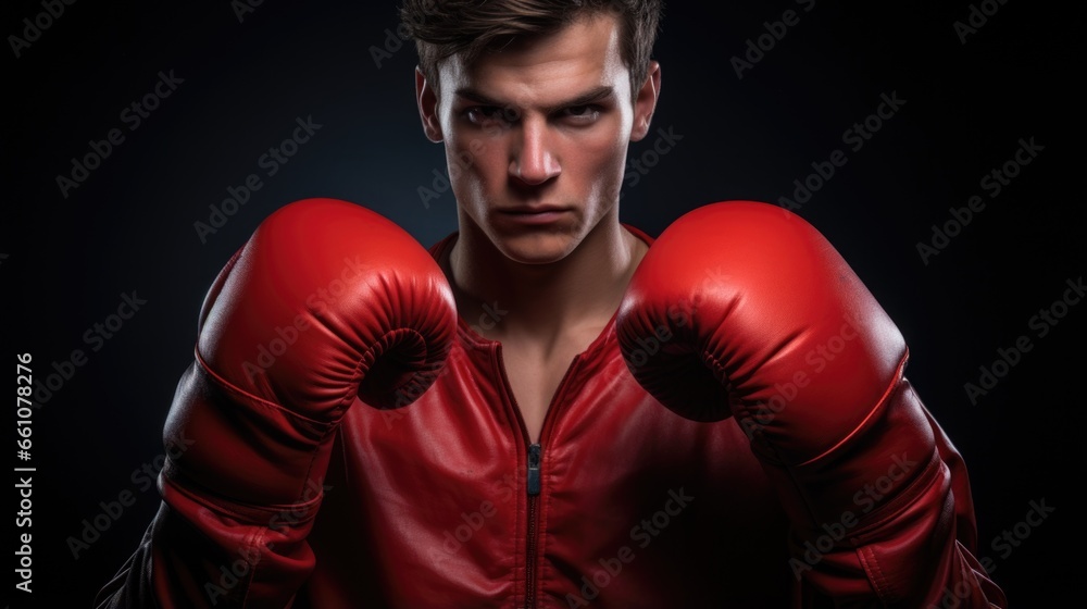 Portrait of a young male boxer with red boxing gloves looking at camera with aggressive serious expression on isolated dark background