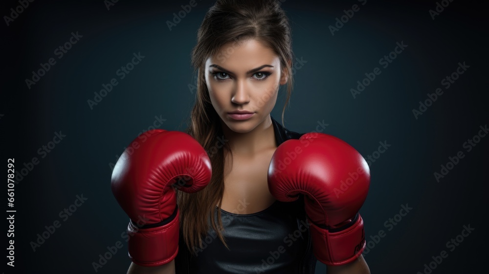 Portrait of a young female boxer with red boxing gloves looking at camera with aggressive serious expression on isolated dark background