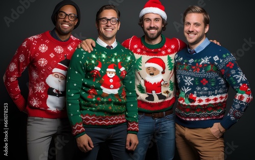 Friends are celebrating the ugly sweaters Christmas party. Dressed up people in beautiful and diverse sweaters.