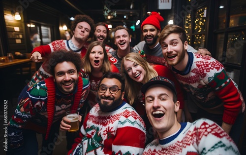 Friends are celebrating the ugly sweaters Christmas party. Dressed up people in beautiful and diverse sweaters. photo