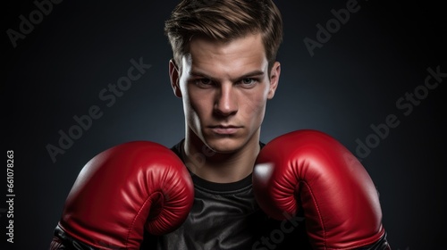 Portrait of a young male boxer with red boxing gloves looking at camera with aggressive serious expression on isolated dark background © GulArt