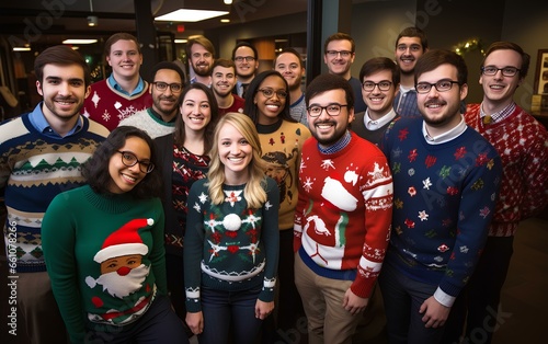 Office employees celebrate the Christmas party of ugly sweaters. Dressed up business people in beautiful and diverse sweaters at a corporate party.