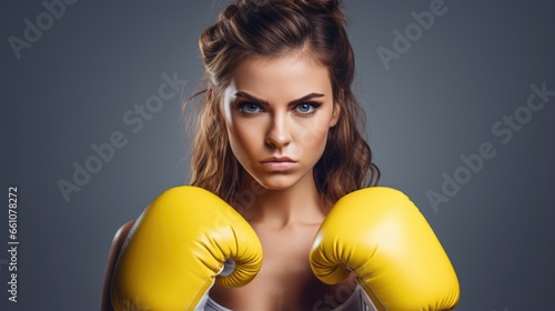 Portrait of a young female boxer with yellow boxing gloves looking at camera with aggressive serious expression on isolated grey background