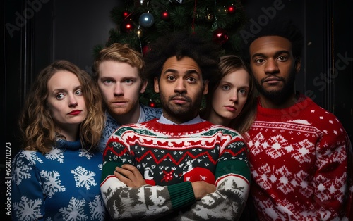 Unflappable friends celebrate a Christmas party in ugly sweaters. People dressed up in beautiful and diverse sweaters are very happy with the party.