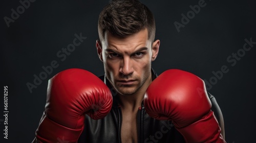 Portrait of a young male boxer with red boxing gloves looking at camera with aggressive serious expression on isolated dark background © GulArt