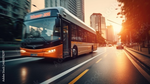 City bus in motion on a city road highway on blurred buildings background  photo