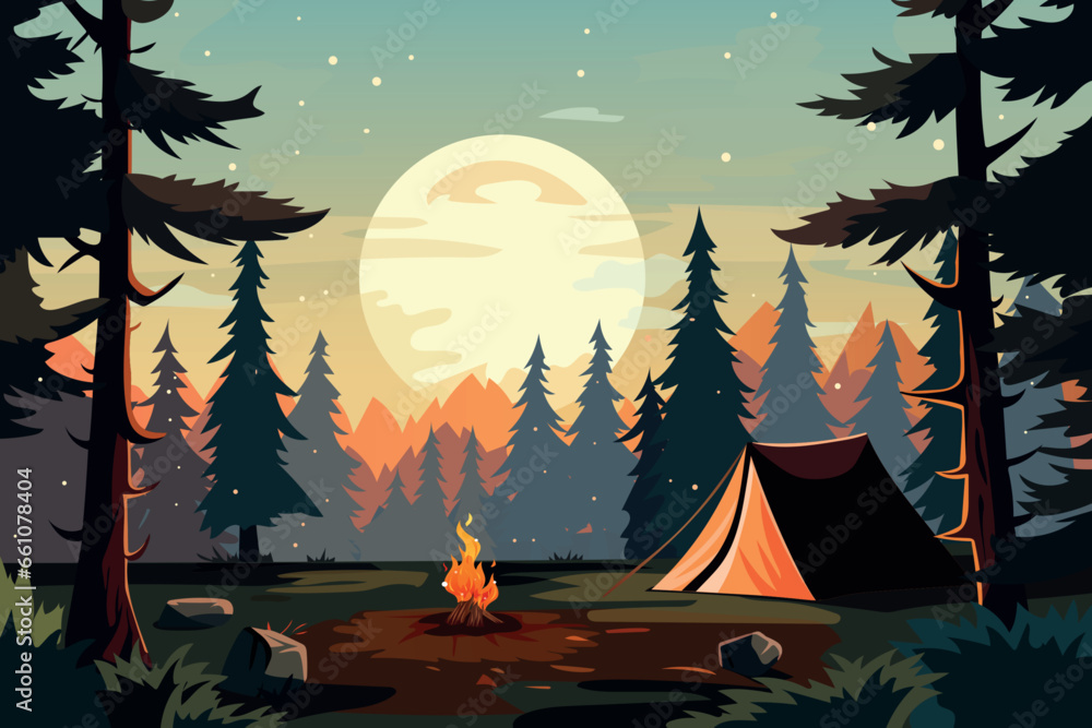 Morning camping background. There is a tent in the forest and a fire is burning. - obrazy, fototapety, plakaty 