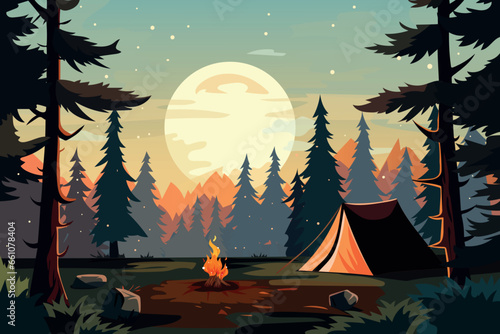 Morning camping background. There is a tent in the forest and a fire is burning.