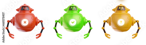 3d render cute color robot different emotion in realistic cartoon style. Set funny technology character. Concept art online assistant, bot or funny helper. Artificial intelligence modern creature.