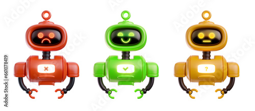 3d render cute color robot different emotion in realistic cartoon style. Set funny technology character. Concept art online assistant, bot or funny helper. Artificial intelligence modern creature.