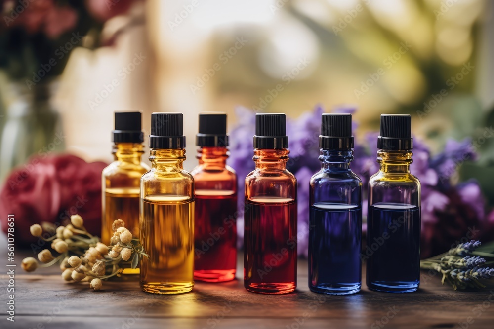 Essential Oils with Flowers in Colorful Bottles - Aromatherapy - AI Generated Essential Oils with Flowers in Colorful Bottles - Aromatherapy - AI Generated