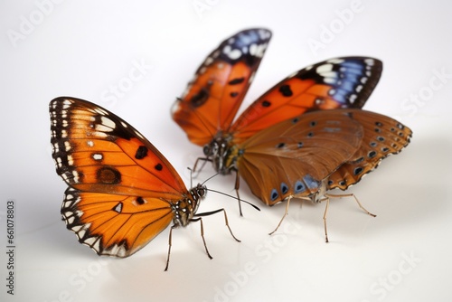 Three vibrant butterflies with orange wings, positioned separately against a plain white backdrop. Generative AI