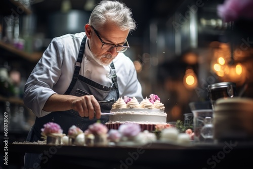 Pastry chef delicately icing a cake - Conditor at Work - AI Generated
