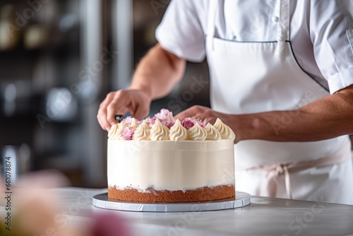 Pastry chef delicately icing a cake - Conditor at Work - AI Generated photo