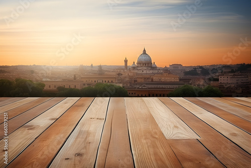 Rome inspired empty wooden tabletop, Perfect backdrop for showcasing your product. Vibrant, high quality digital art. © Rathnayakamudalige