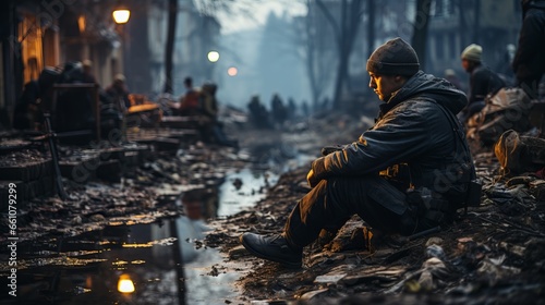 military soldier at war with gun in hand, infantry ground operation in mud and bad weather conditions. Dangerous job. Male infantryman. Concept: protection of the country and population.