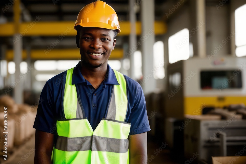 Portrait of smiling black african worker with hardhat inside factory Portrait of smiling black african worker with hardhat inside factory