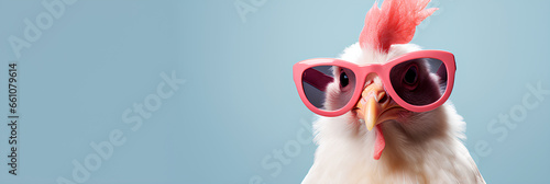 Creative animal concept chicken hen in sunglass shade glasses isolated on solid pastel background, Generative AI