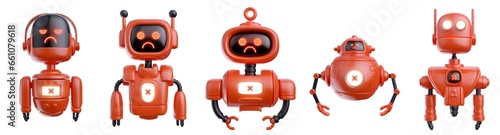 Red aggressive robot different form in realistic cartoon style. Set funny technology character. Concept art online assistant, bot or funny helper. 3d render illustration. Cute color modern creature.