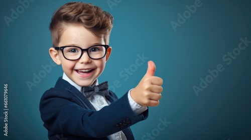 School boy in eyeglasses and uniform showing thumbs up sign on isolated blue background with space for copy