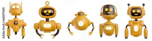 Yellow sad robot different form in realistic cartoon style. Set funny technology character. Concept art online assistant, bot or funny helper. 3d render illustration. Cute color modern creature.