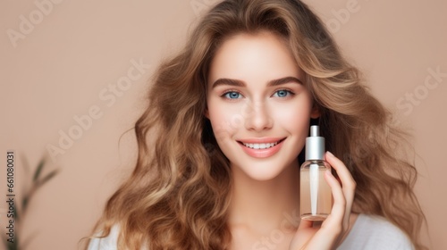 Portrait of young smiling woman holding cosmetics product bottle on a blurred background