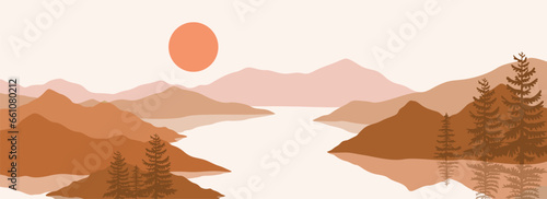 landscape illustration , nature landscape background.wall art vector. Foliage line art drawing with abstract shape