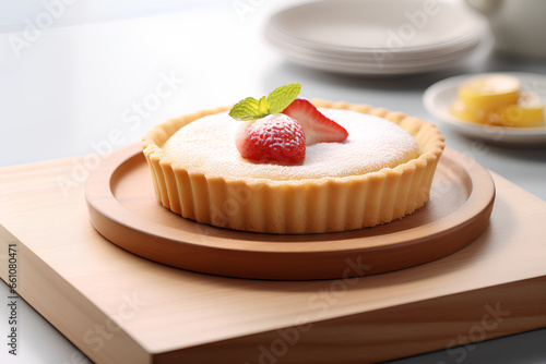 Delicious Tart on a plate served on a Weeden shelf on a white background, Generative AI