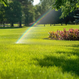 a sprinkler spraying water on a lush
