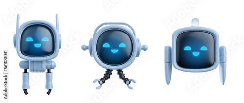 Cute smile robot in realistic cartoon style. Set funny technology character. Concept art science or business online assistant, bot or funny helper. Artificial intelligence modern creature. 3d render.