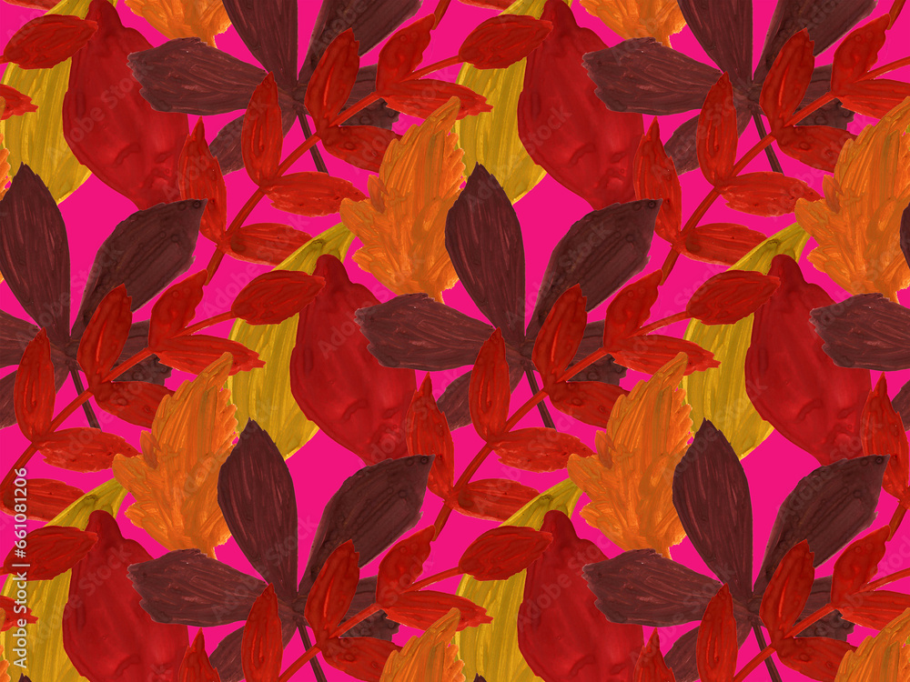 Seamless Pattern of bright autumn leaves, hand-painted, on a pink background. A set of patterned elements for decorating fabric, gift wrapping paper, wallpaper in autumn colors, tablecloths Seamless Pattern of bright autumn leaves, hand-painted, on a pink background. A set of patterned elements for decorating fabric, gift wrapping paper, wallpaper in autumn colors, tablecloths