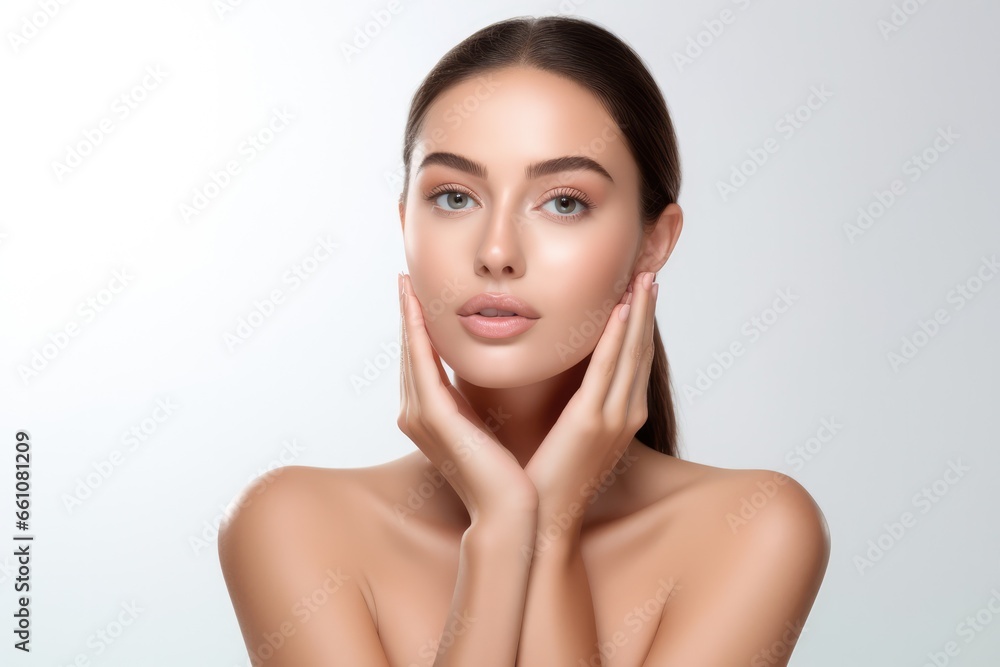Beautiful woman with clean fresh skin, natural make-up and manicured nails posing at studio. Beautiful young woman with clean fresh skin. Facial treatment. Cosmetology, beauty and spa, touch her cheek Beautiful woman with clean fresh skin, natural make-up and manicured nails posing at studio. Beautiful young woman with clean fresh skin. Facial treatment. Cosmetology, beauty and spa, touch her cheek