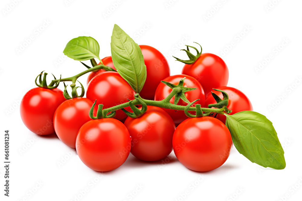 Fresh cherry tomatoes with sweet basil leaves Isolated on a transparent background, Generative AI