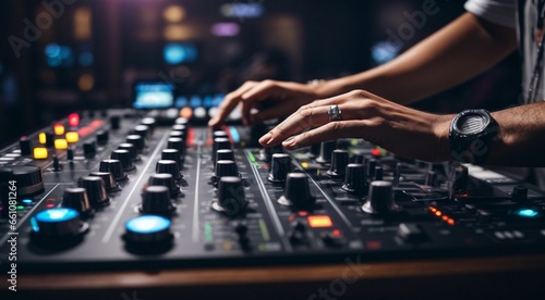 dj mixing music mixer, dj mixing music, dj at work, close-up of hands dj mixing music, close-up of dj mixer, dj doing cool music © Gegham