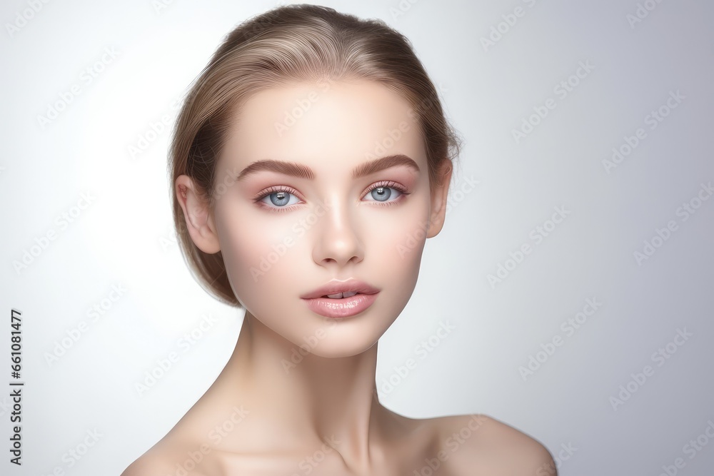 Portrait of beautiful young woman with clean fresh skin, natural make-up. Studio shot. Beautiful young woman with clean fresh skin on white background, Face care, Facial treatment Portrait of beautiful young woman with clean fresh skin, natural make-up. Studio shot. Beautiful young woman with clean fresh skin on white background, Face care, Facial treatment
