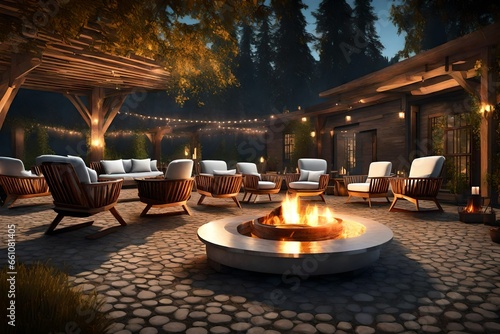 An image of a beautiful outdoor seating area  with several luxurious chairs arranged around a fire pit.