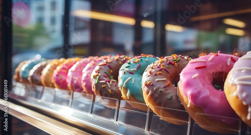 Sweet donuts covered with multi-colored glaze. Sweet high-calorie pastries on a store display. Assorted cakes in a store. Concept: pastry shops and donut bakeries.