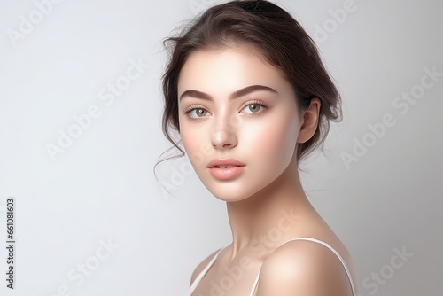 Portrait of beautiful young woman with clean fresh skin, natural make-up. Studio shot. Beautiful young woman with clean fresh skin on white background, Face care, Facial treatment