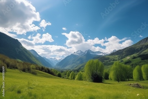 A sunny day with blue sky, clouds, beautiful alps landscape, green meadows, and snow capped mountains in the background. Generative AI © Quintin
