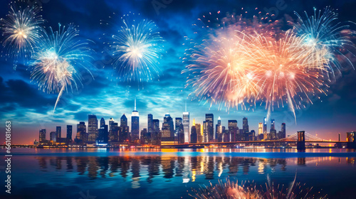 Vibrant New Year Celebration: Fireworks Lighting up the Night City