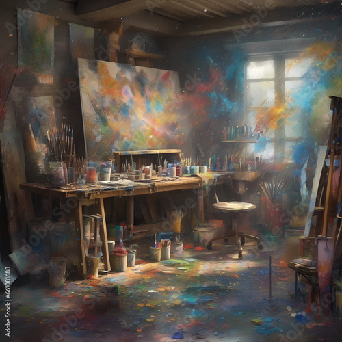 A paint-splattered artist s studio. 