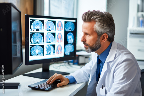 Knowledgeable Neurologist Analyzing Meningitis Brain Scans on Computer Monitor photo