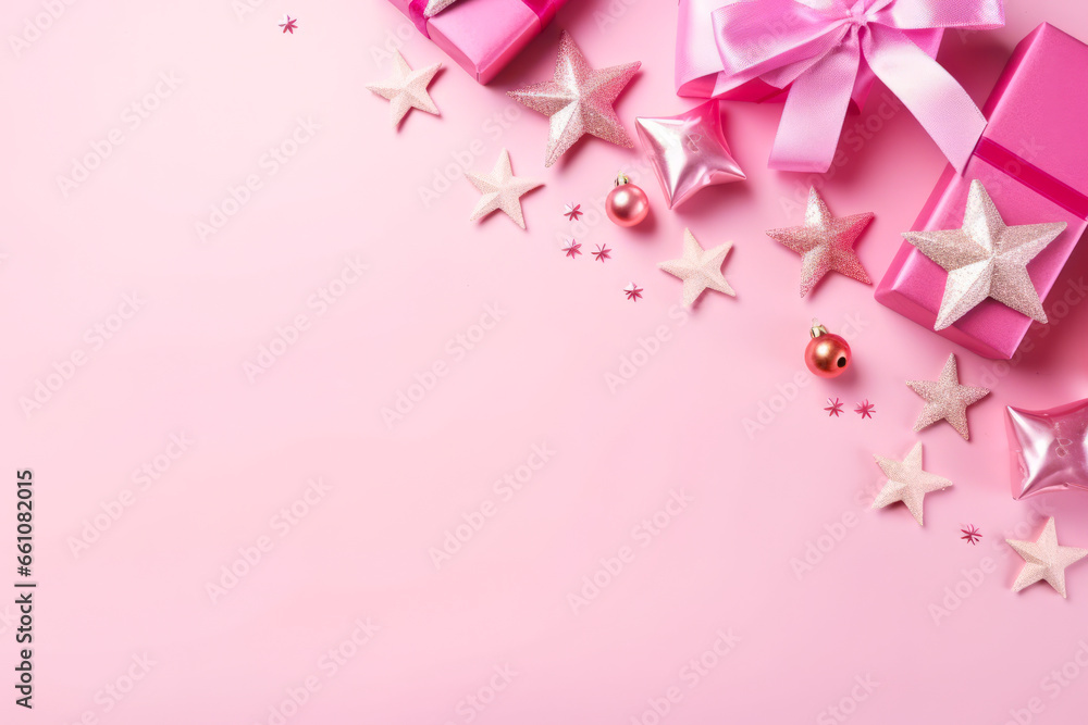 Stylish Gift Boxes with Star Confetti on Pink Background. Flat lay, top view, copy space