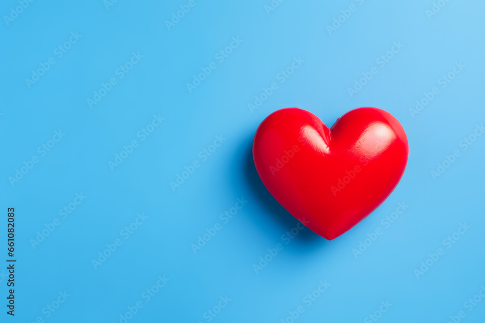 Red Heart on Blue Background with Copyspace, Health Insurance Concept, Flat Lay