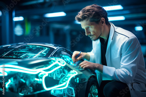 Automotive Engineer in Lab Coat Using AR and Tablet to Design Future Car