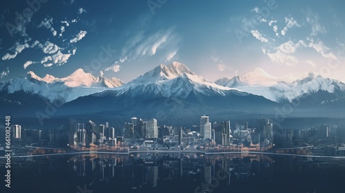 A close-up of a modern cityscape blending seamlessly with the serene vistas of snow-covered mountains, creating a compelling double exposure that contrasts city hustle with mountain tranquility photo