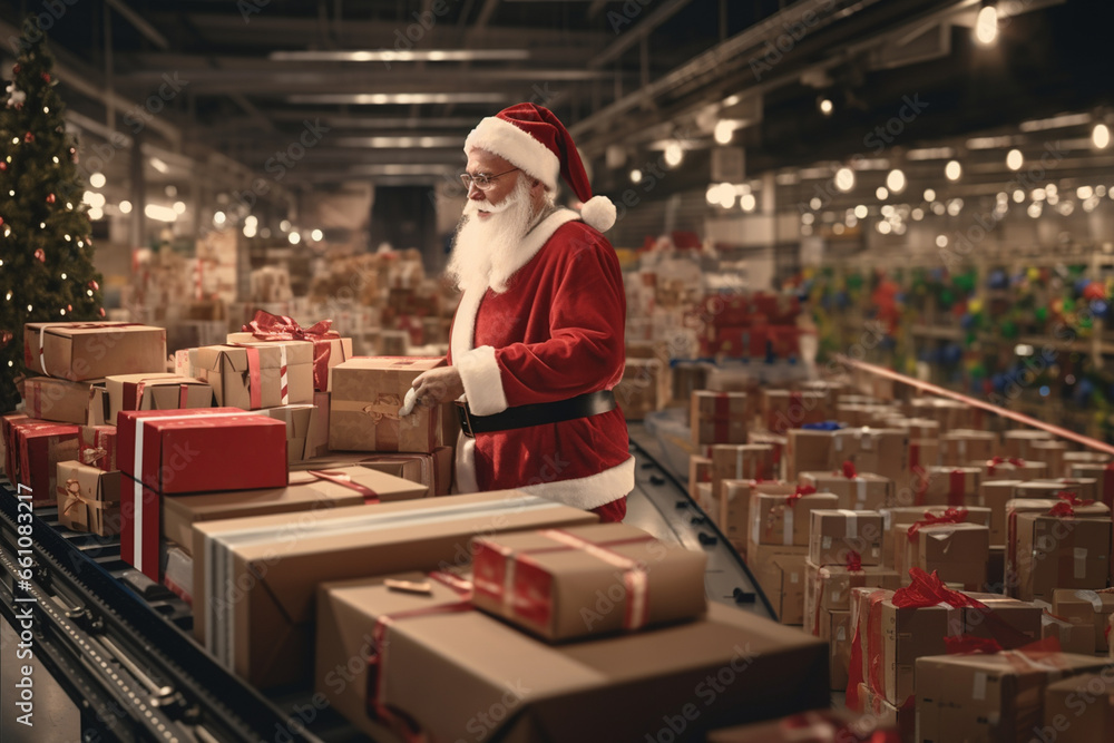 Santa claus work with Cardboard package Christmas gift and presents moving along a conveyor belt in a warehouse fulfillment center, which decorated by christmas ornament during Christmas Season.