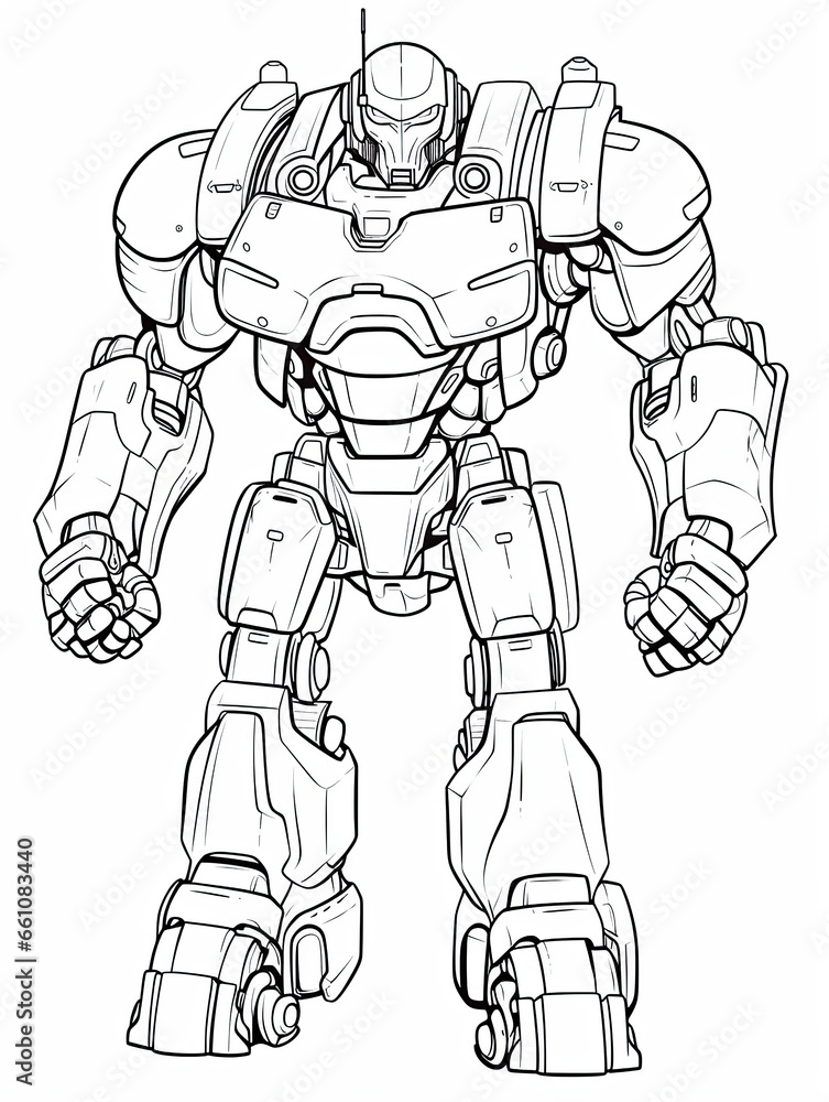 Childrens coloring page, mech robot, full body, add a background, thick bold lines, simple, no shading, Sketch of a robot isolated on white background