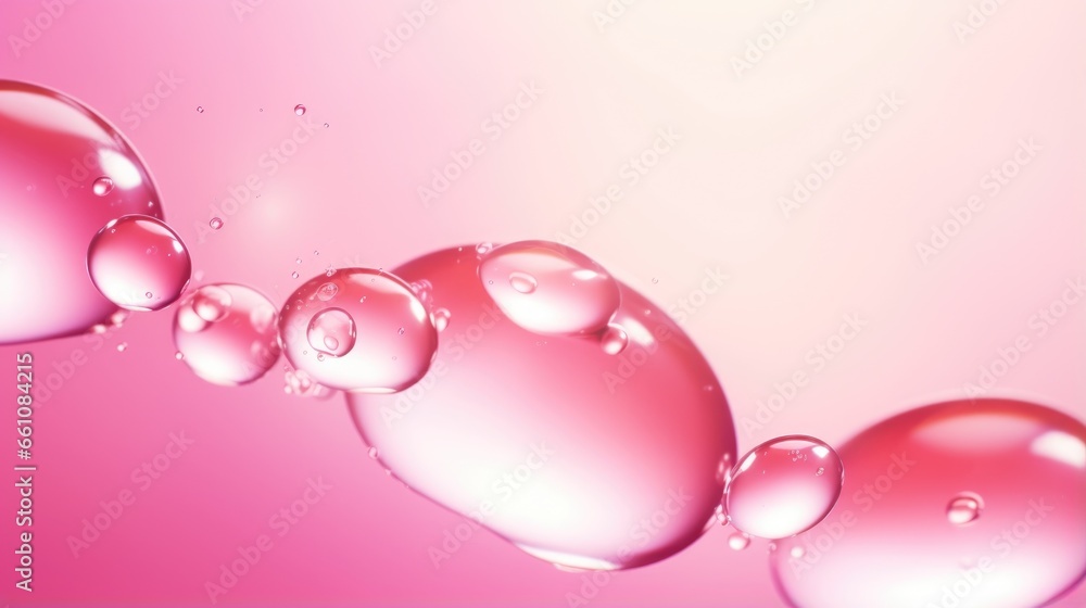 Drop serum pink collagen solution serum into the skin, making the skin moist. Abstract background with pink transparent drops