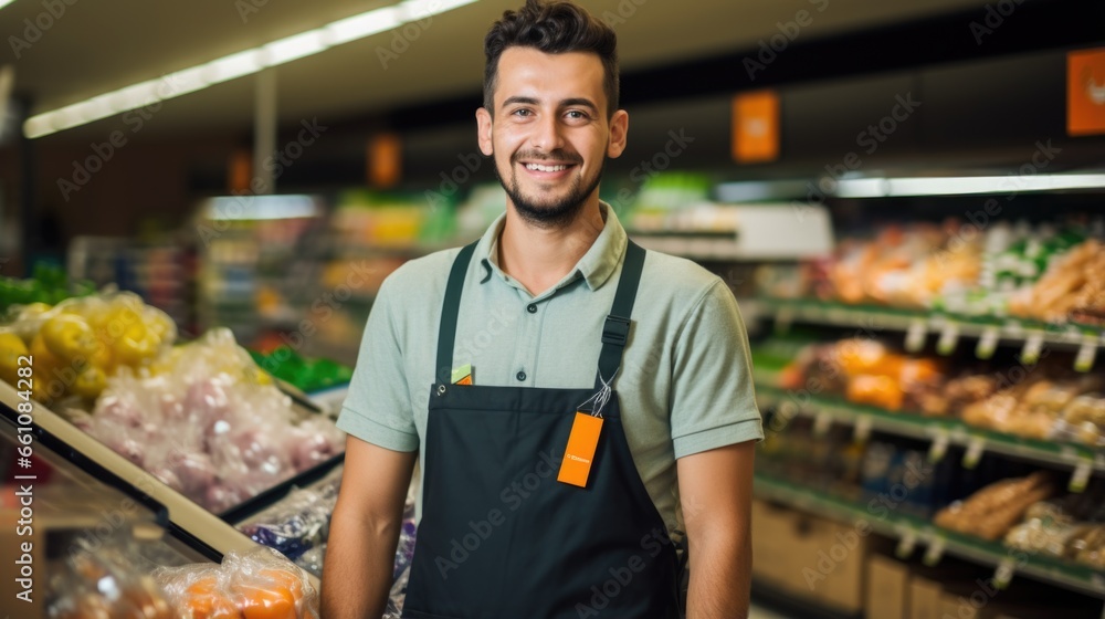 Young male supermarket worker looking at the camera standing on a blurred grocery shop background